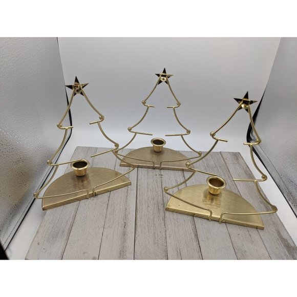 Set 3 Christmas Tree Candlestick Holder Wall Table Decor Metal Gold Brass 8 1/2" - Picture 5 of 7